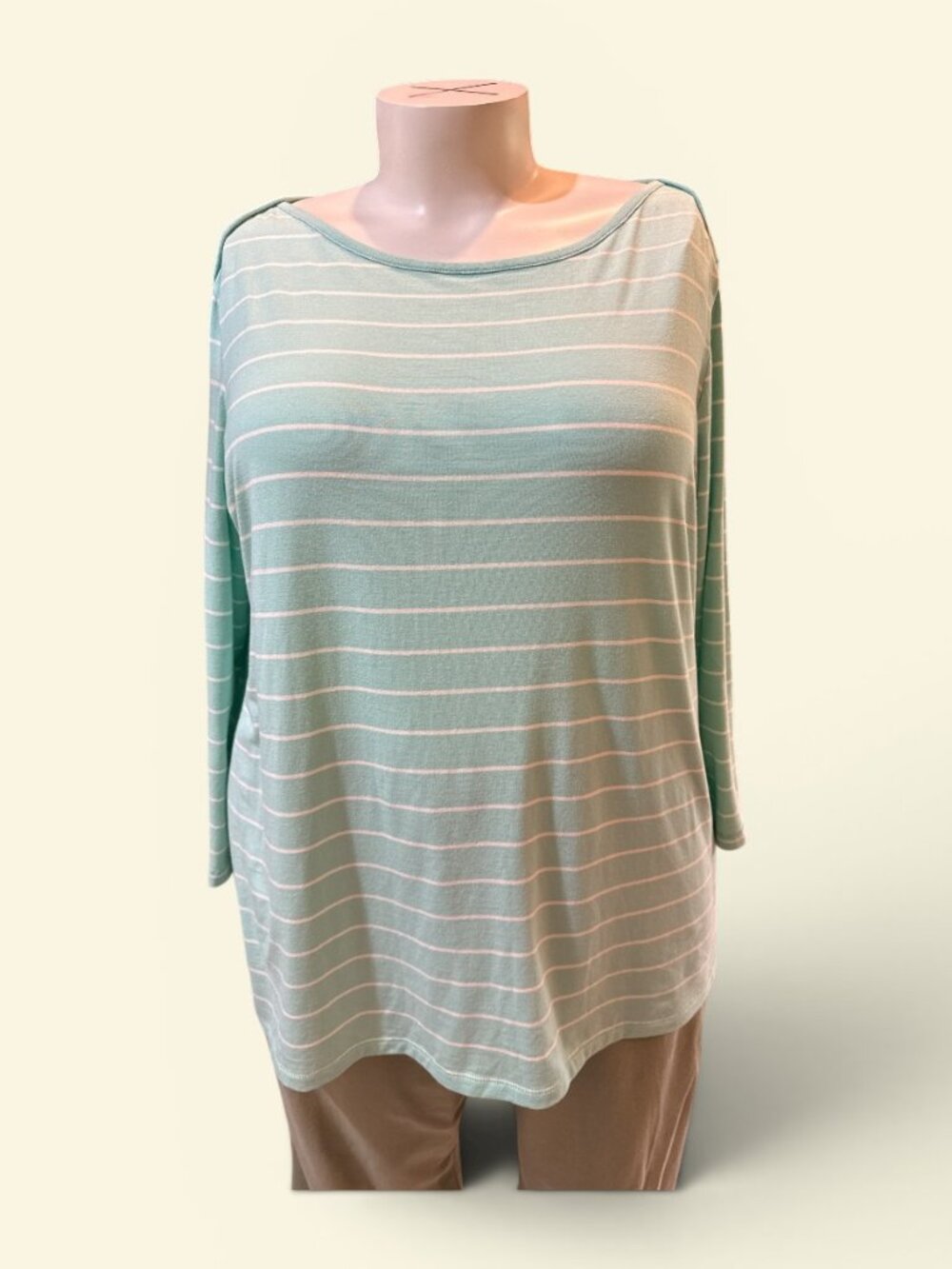 L.L. Bean 3X Plus Mint Green & White Stripe 3/4 Sleeve Boat Neck Tee NEW - NWT